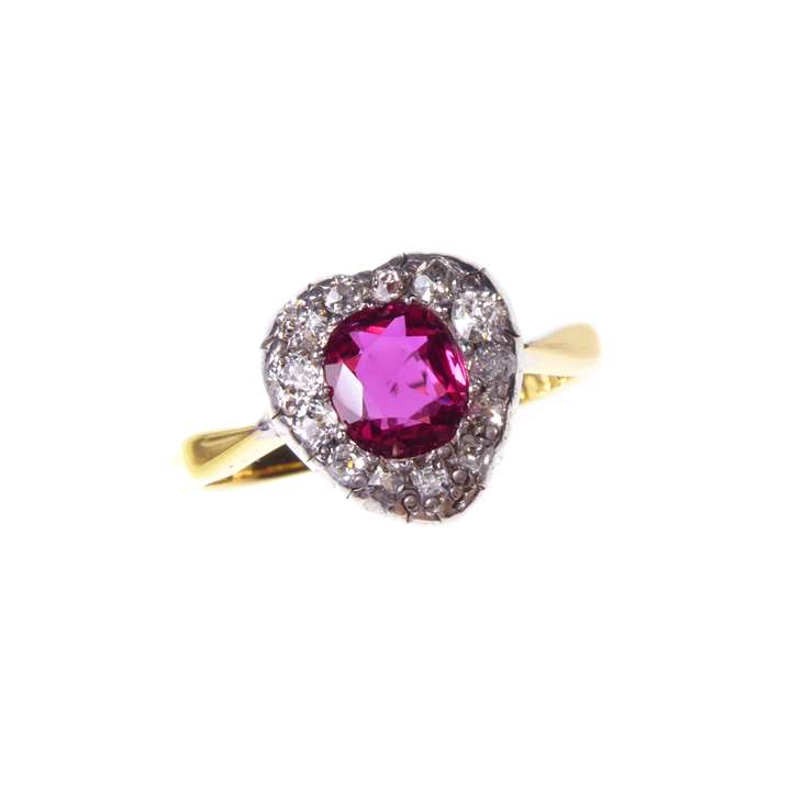 Antique cushion cut ruby and diamond heart cluster ring
